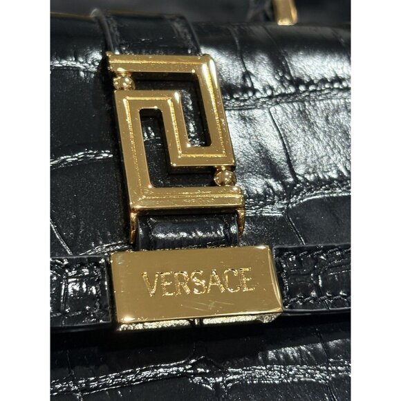 Versace Greca Goddess Croc-Embossed Top Handle Mini Bag in Black Calfskin - Picture 12 of 13